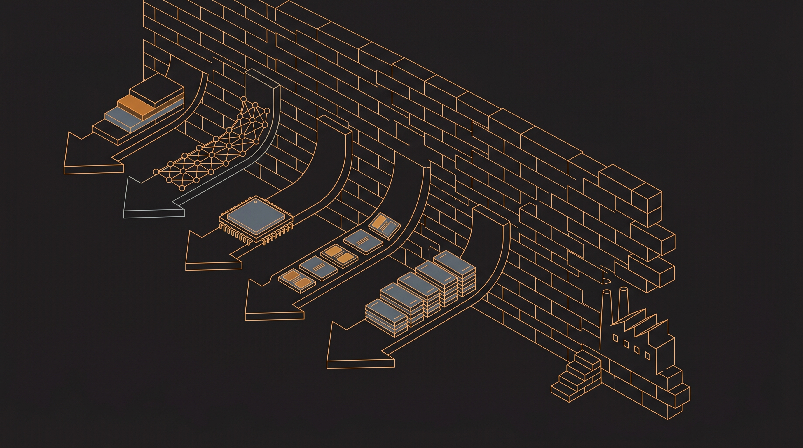 Diagrams of memory tiering, wafer-scale chips, and flash-stacked-like-HBM, with a Chinese fab climbing a wall