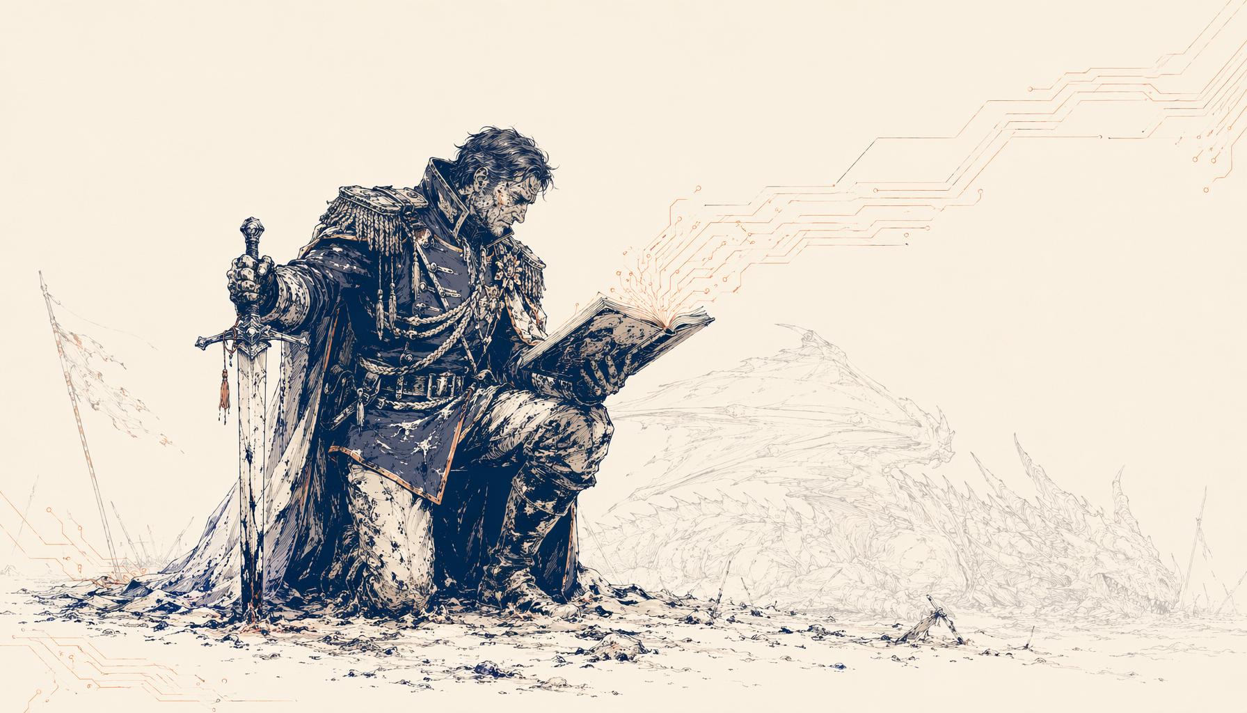 A lone, mud-caked general half-kneeling on a battlefield, one hand on a planted sword, the other holding open a battle manual he's still reading mid-fight — someone who fights in the mud without forgetting the model