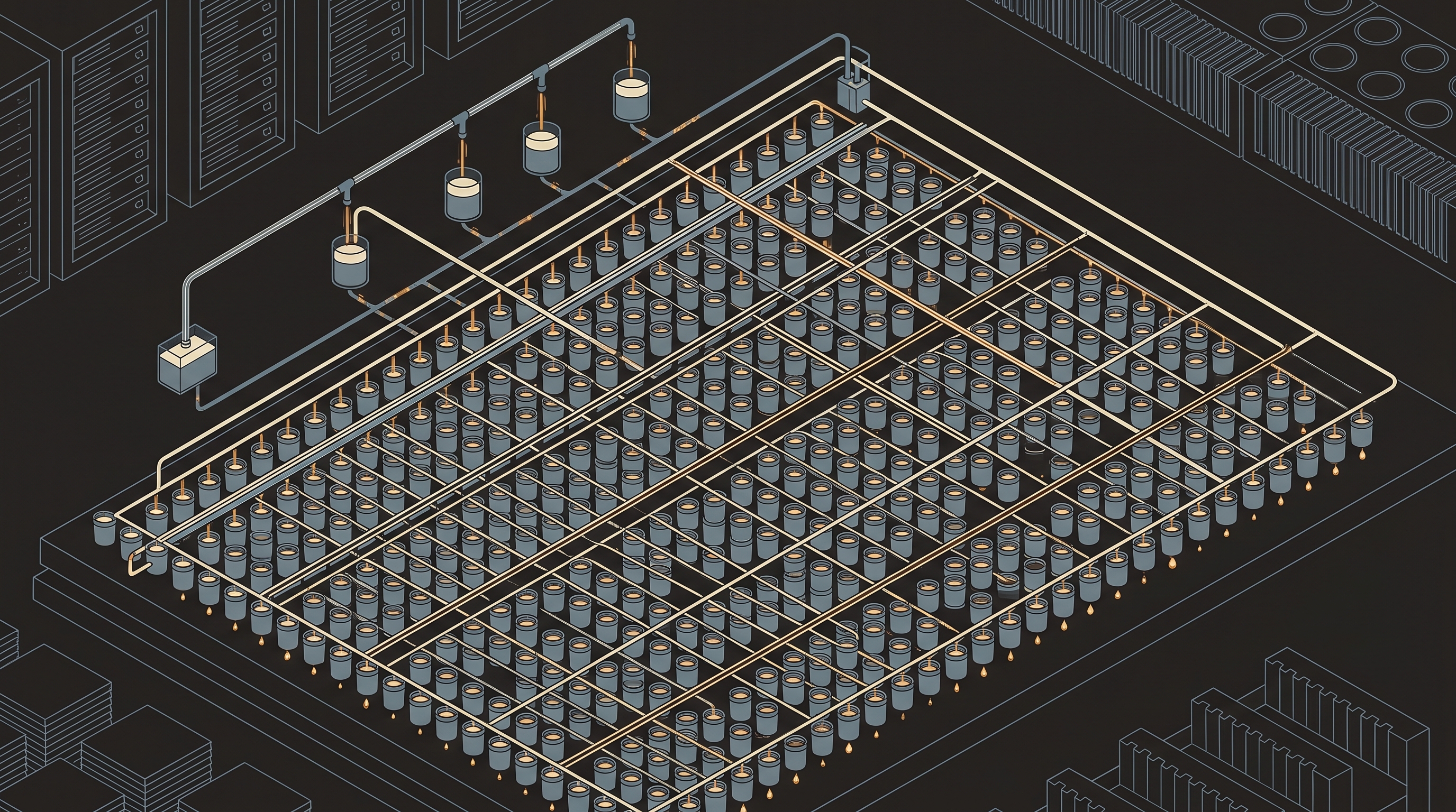 A single DRAM cell drawn as a leaky bucket — one transistor, one capacitor, charge draining out, being refilled thousands of times a second