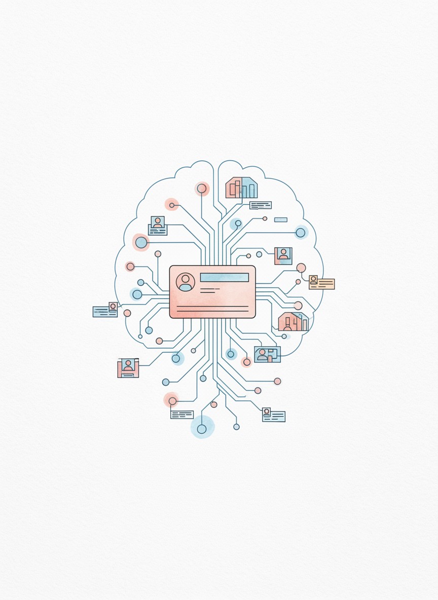 记忆碎片聚合为完整人物档案的概念插画