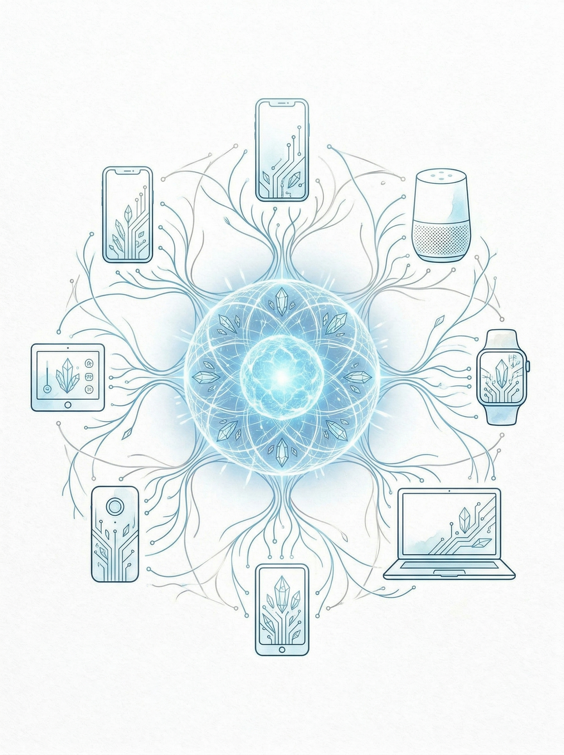 一个灵魂同时存在于多种设备中的概念插画