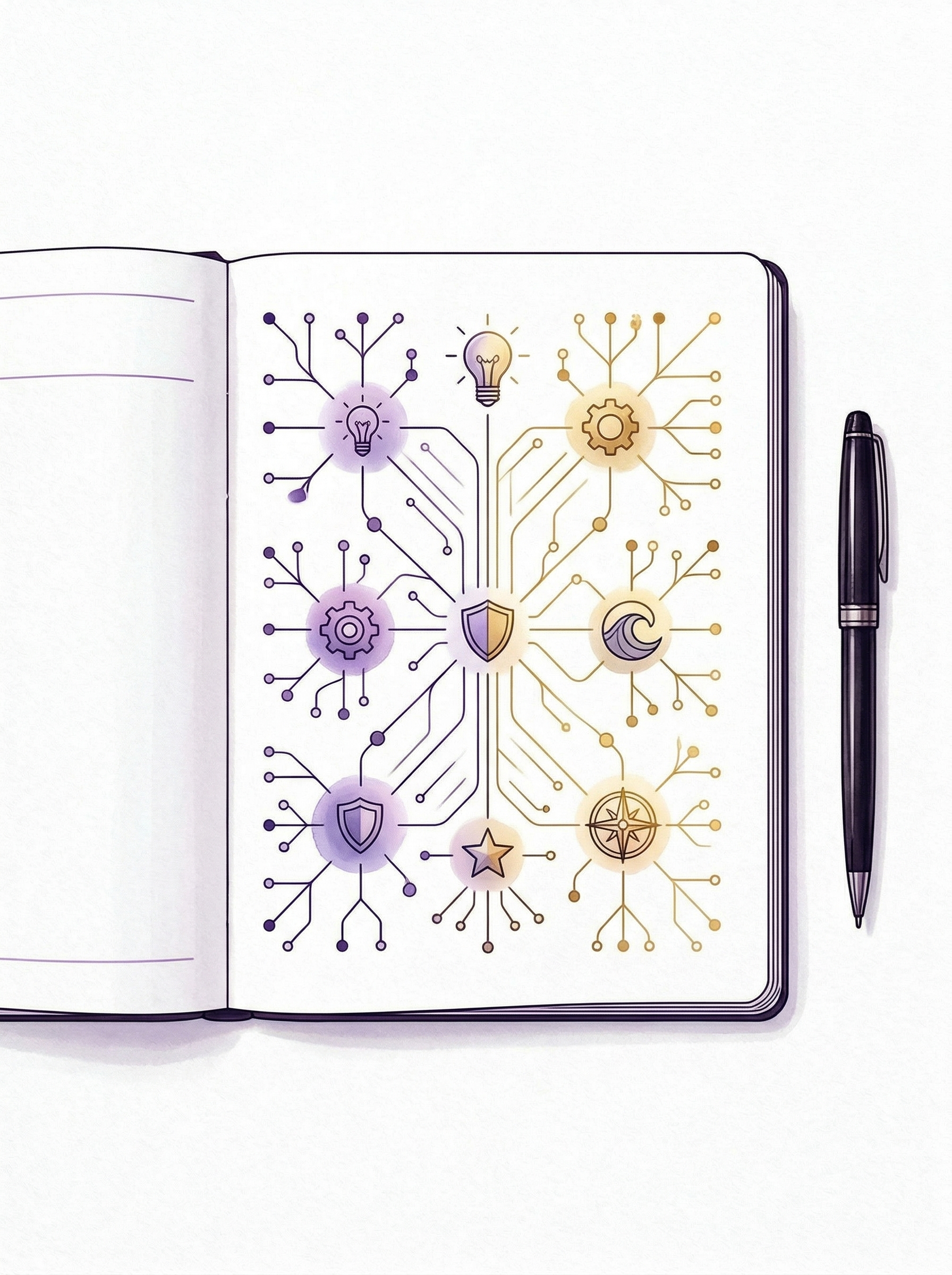 盘盘猫坐在扶手椅上翻看经验笔记，周围浮着关键洞察