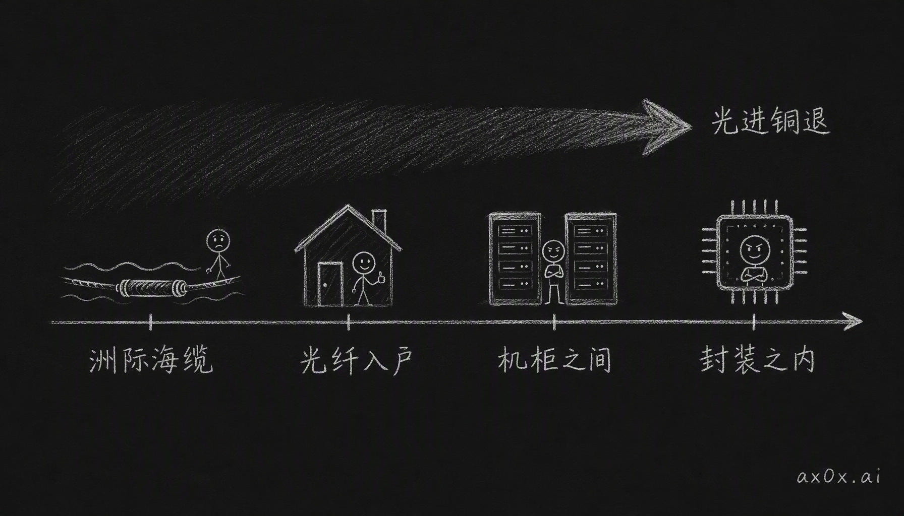 五十年来光进铜退的边界一直往芯片端推：从洲际海缆、省际干线、城域网、光纤入户、机房，推到今天的机柜之间，下一站是封装之内