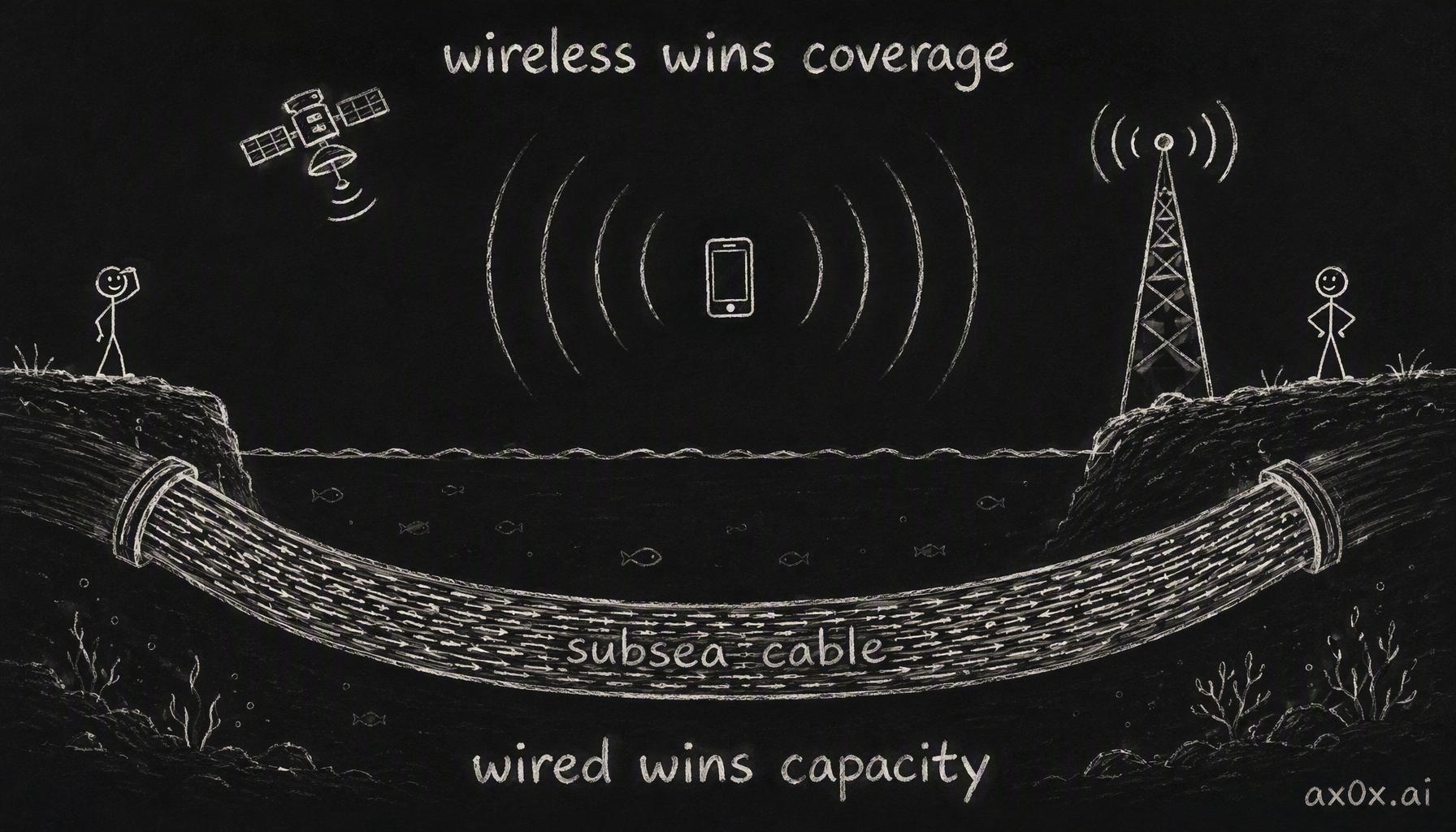 Communications history isn't wireless replacing wired: wireless competes on coverage, wired competes on capacity, and the vast majority of intercontinental data still travels over subsea fiber