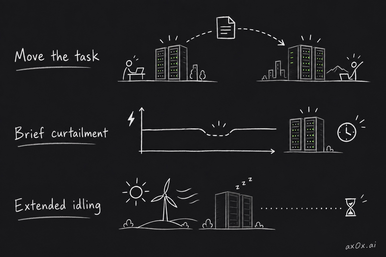 Moving tasks, briefly curtailing power, and extended idling create different flexibility and utilization tradeoffs