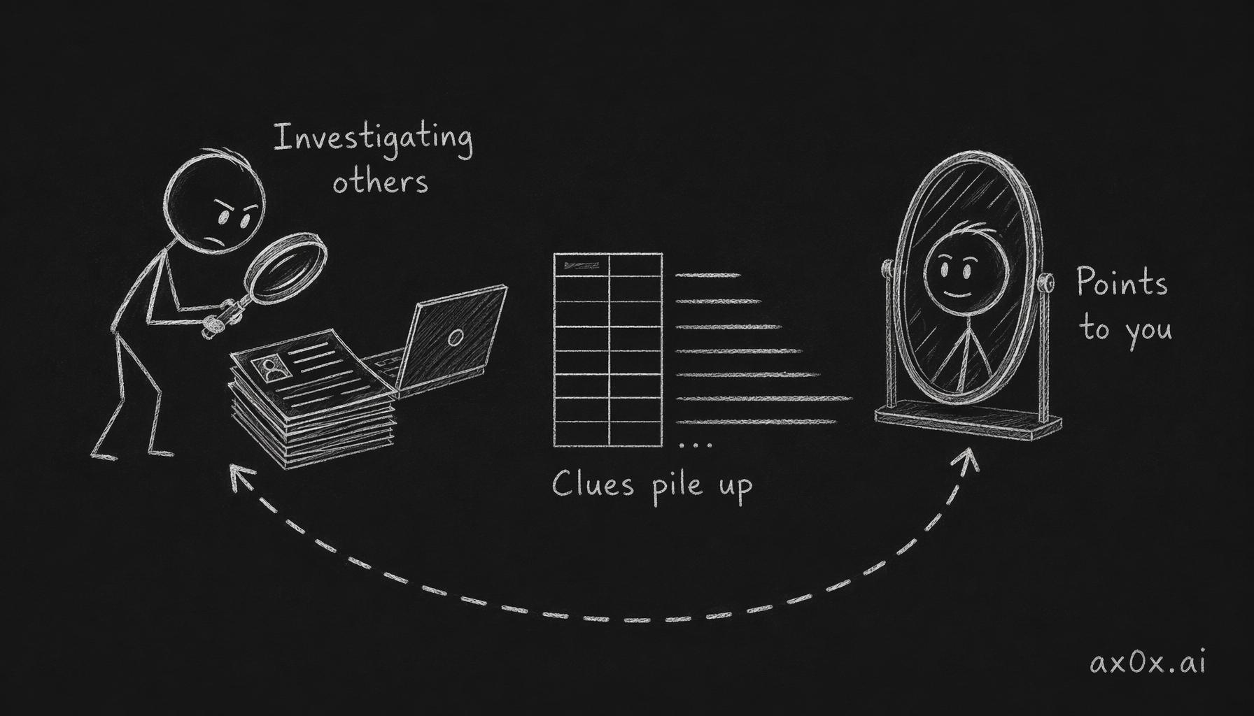 You investigate others, but the accumulating form turns into a mirror pointing back at you.