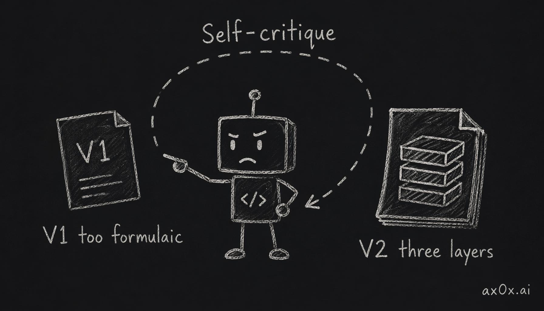 Claude Code critiques its own V1 draft and iterates into a three-layer V2.