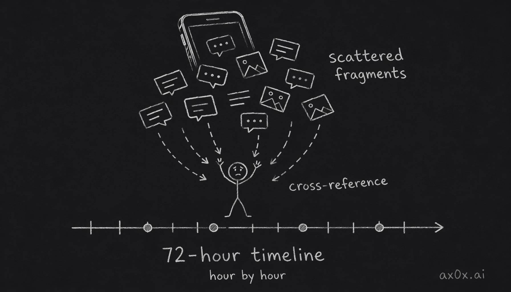 Fragmented phone data scattered by different time logics gets cross-referenced into one 72-hour timeline.