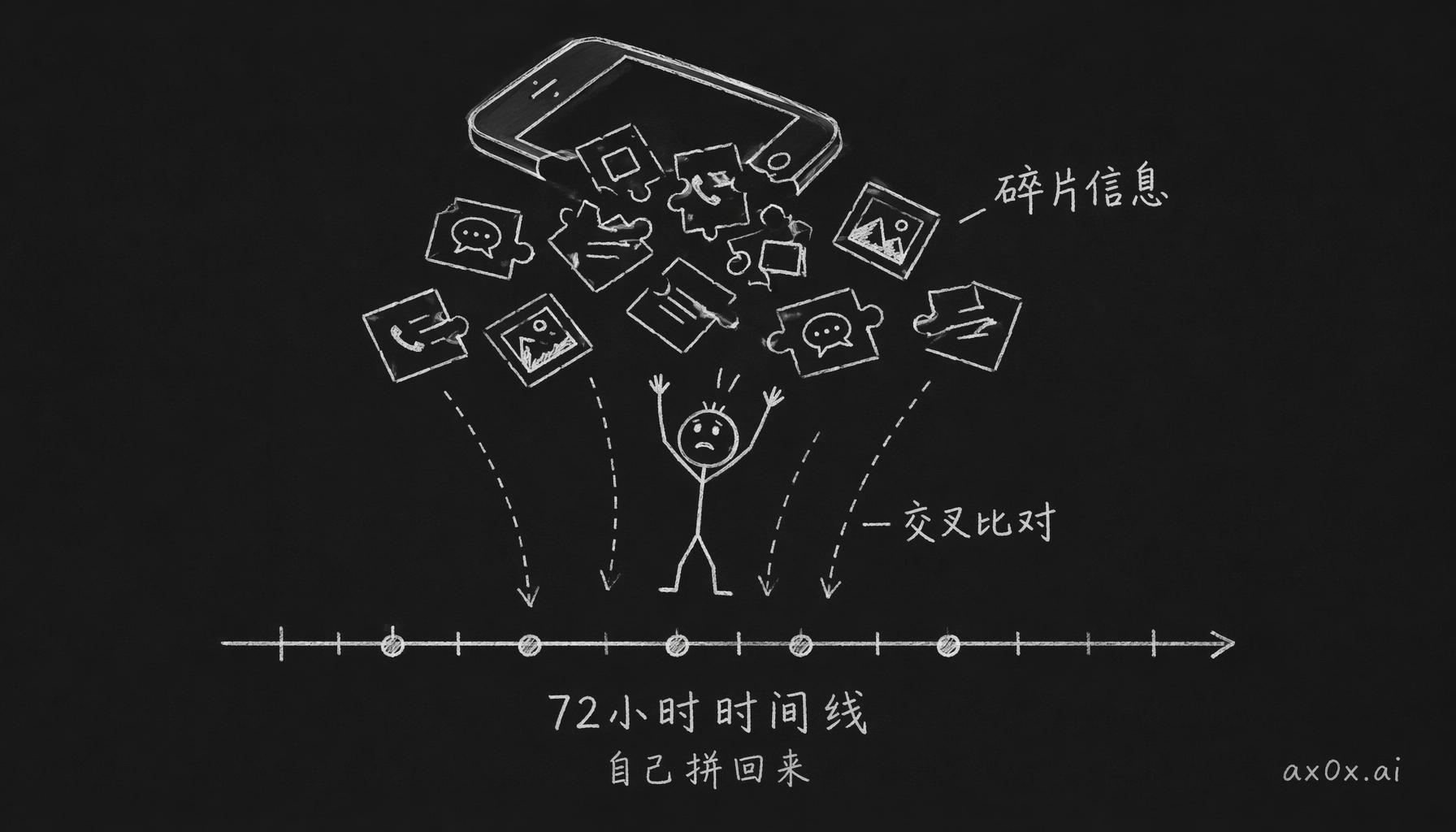 手机里的碎片信息按不同时间逻辑散落，玩家交叉比对拼出一条完整的 72 小时时间线。