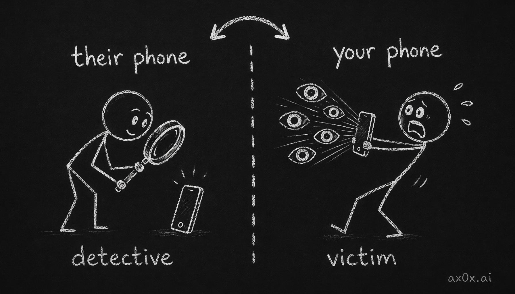 Searching someone else's phone makes you a detective; searching your own makes you the victim — same action, inverted emotion.