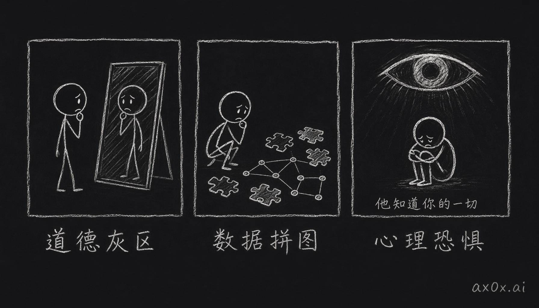 三个游戏对应三种恐惧：道德灰区、数据拼图、以及有人知道你一切的心理恐惧。