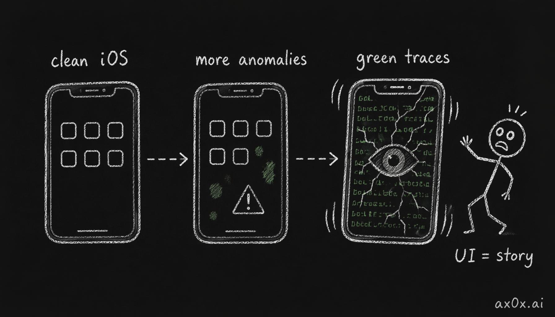 The phone interface goes from clean iOS to dark-green infection step by step — the UI change itself is the narrative, no text needed.