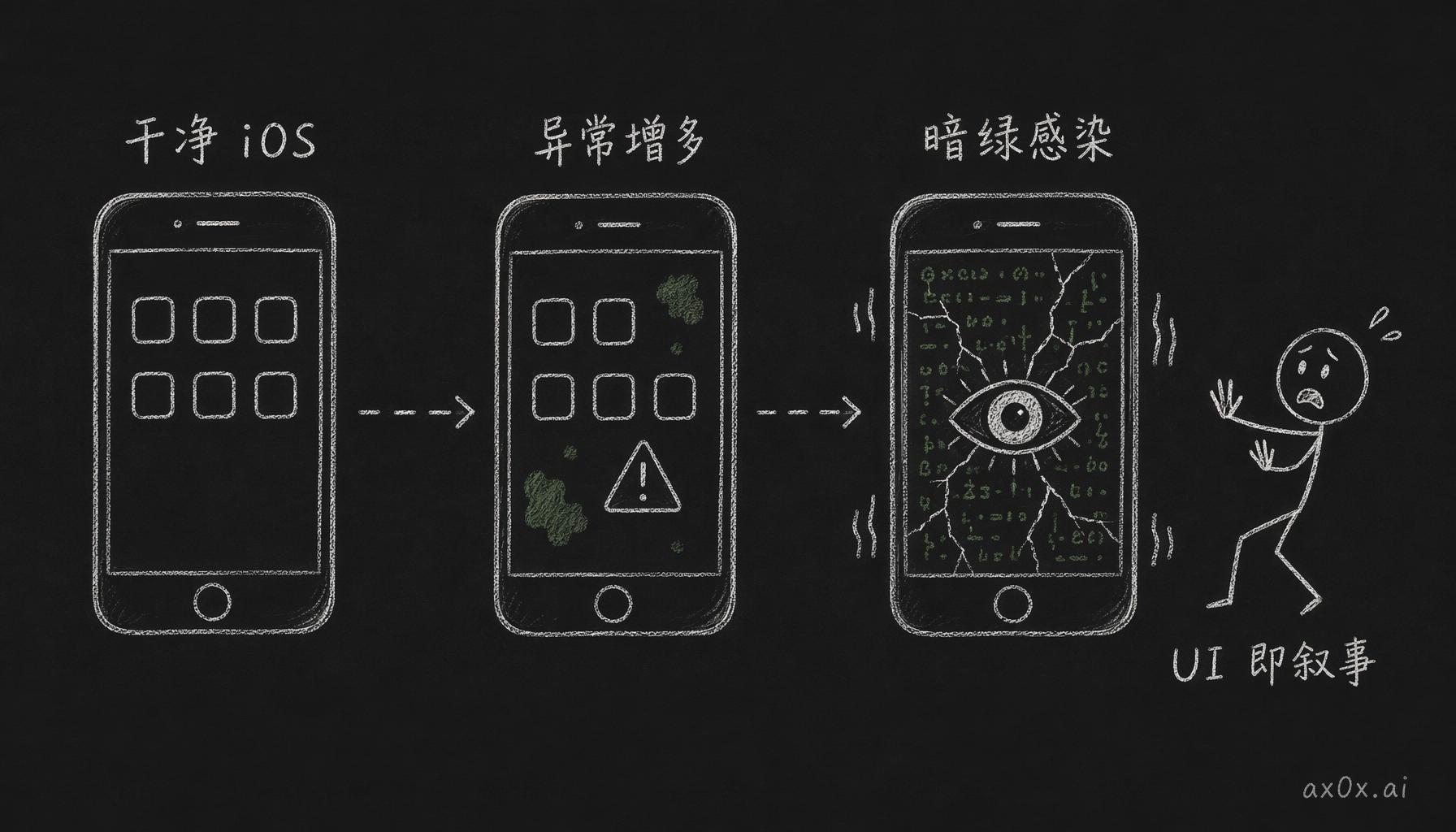 手机界面从干净 iOS 一步步被暗绿色「感染」，UI 的变化本身就是叙事，不用一句文字。