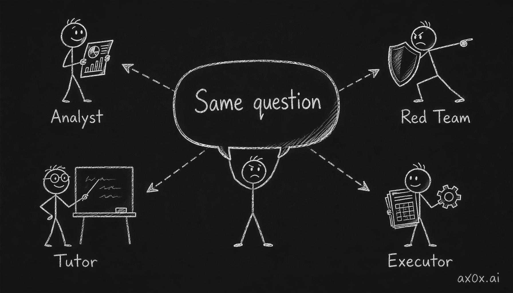 One question, framed four different ways, activates the agent's four distinct roles — analyst, red team, tutor, executor