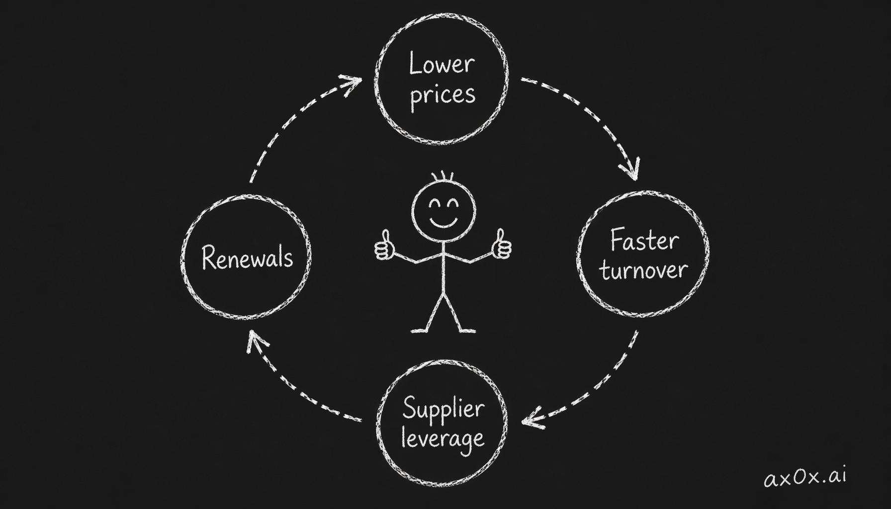 Lower prices drive faster turnover, stronger supplier leverage and higher renewals — a four-step self-reinforcing flywheel