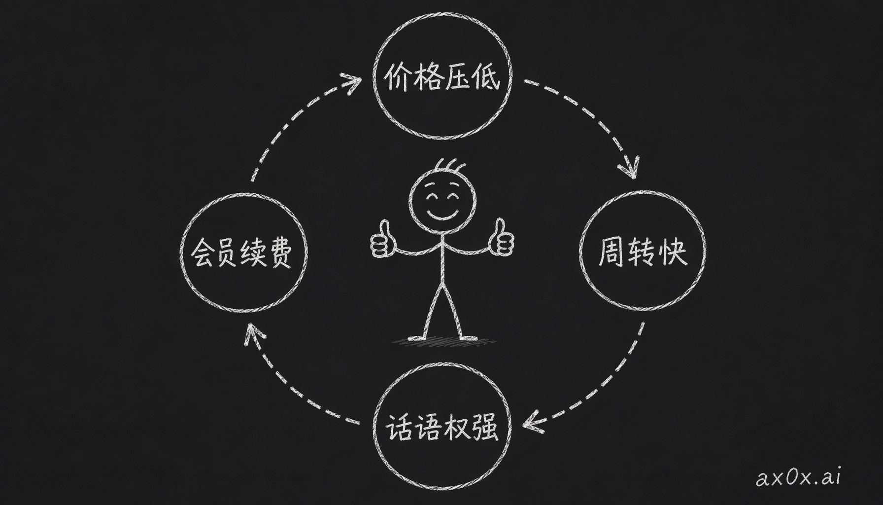 价格压低带动周转变快、供应商话语权变强、会员续费提升，四步首尾相连自我强化的飞轮
