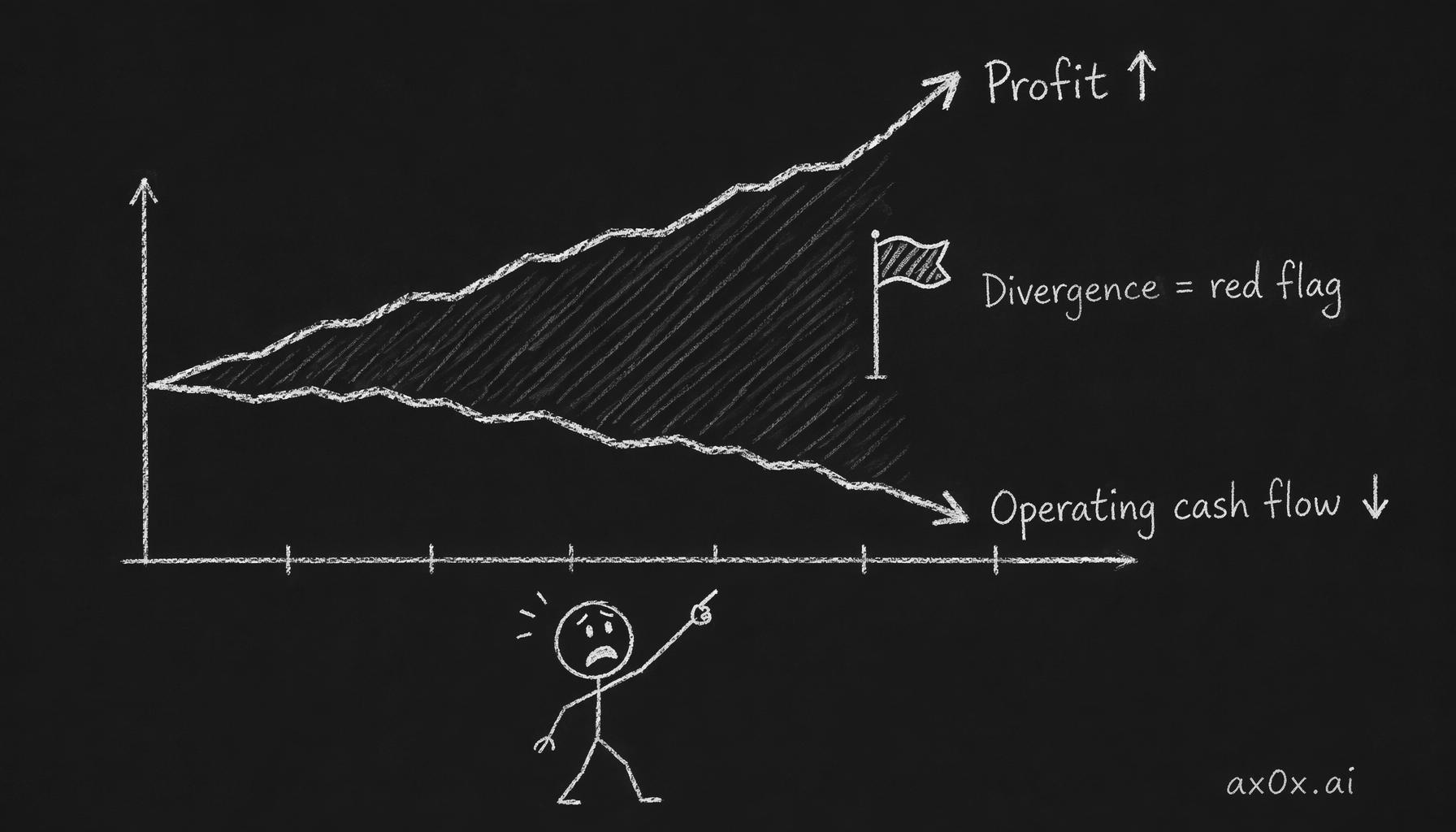 Profit line rises while operating cash flow falls; the widening gap between them is the Enron-style red flag