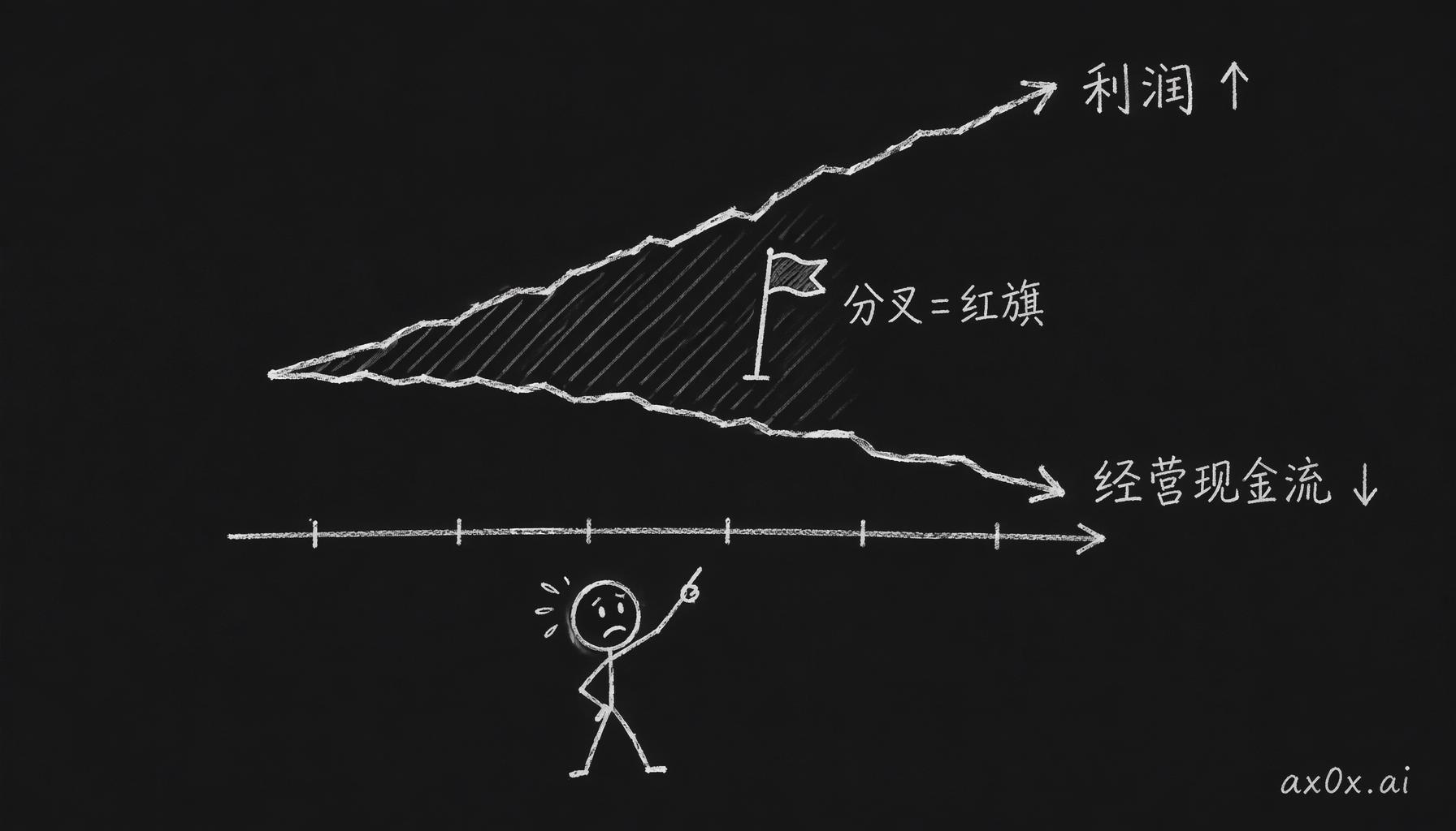 利润线往上、经营现金流线往下，两条线分叉张开的缺口就是 Enron 式红旗