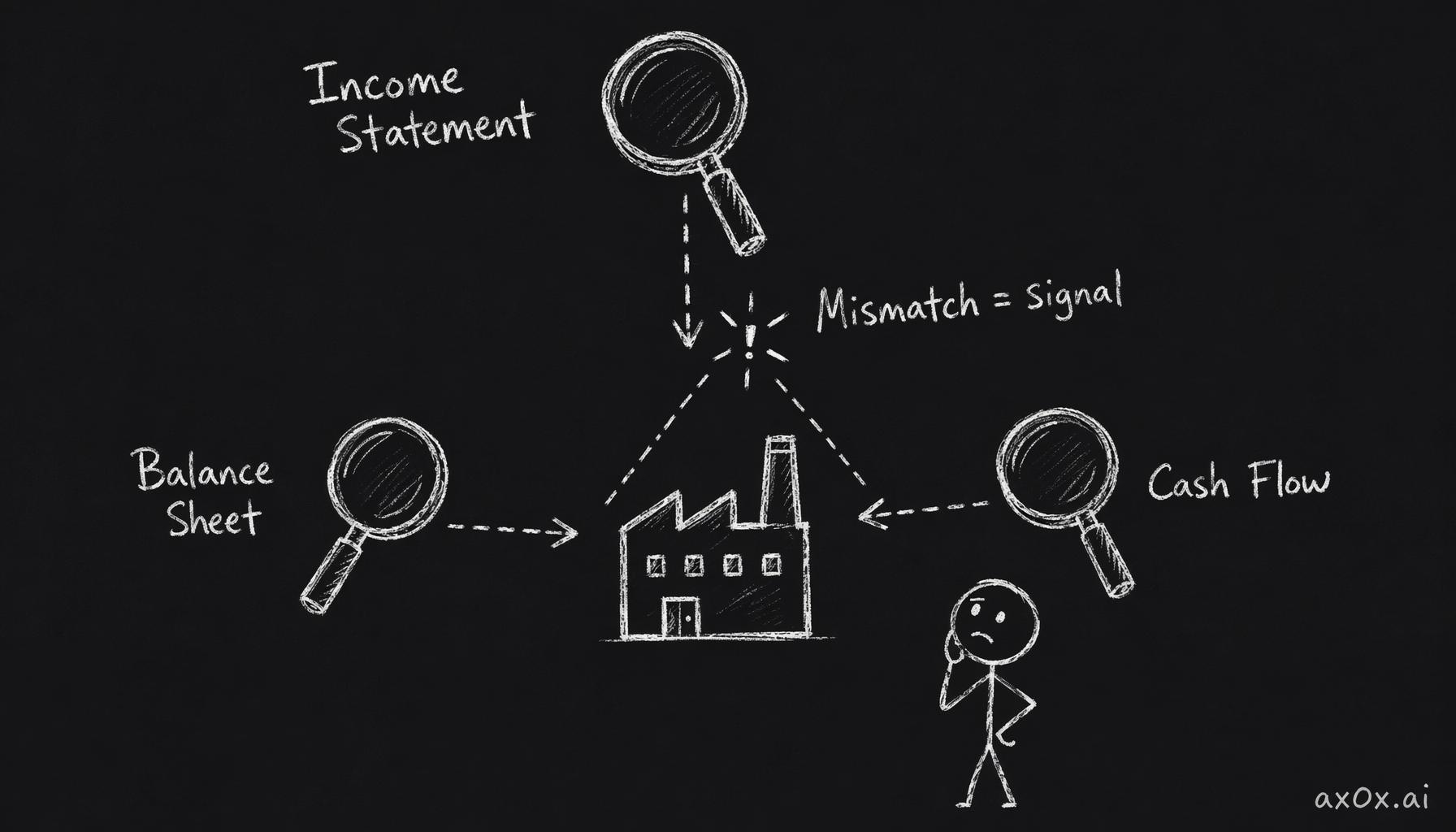 Three financial statements act as three lenses on one company; where the readings disagree is the real signal