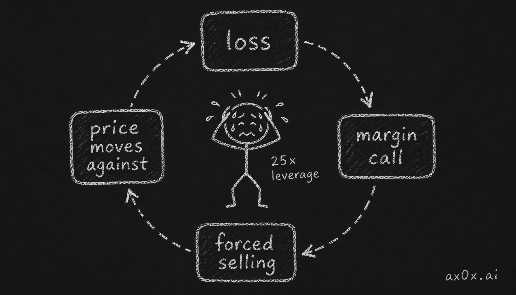 The leverage death spiral: a loss triggers a margin call, forcing selling, which pushes prices against you and feeds a bigger loss