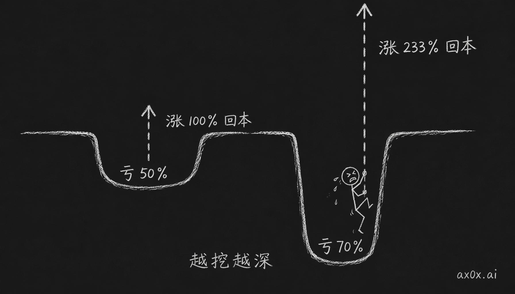 回本数学的不对称：亏得越深，需要涨回来的幅度指数级增大，亏50%要涨100%，亏70%要涨233%
