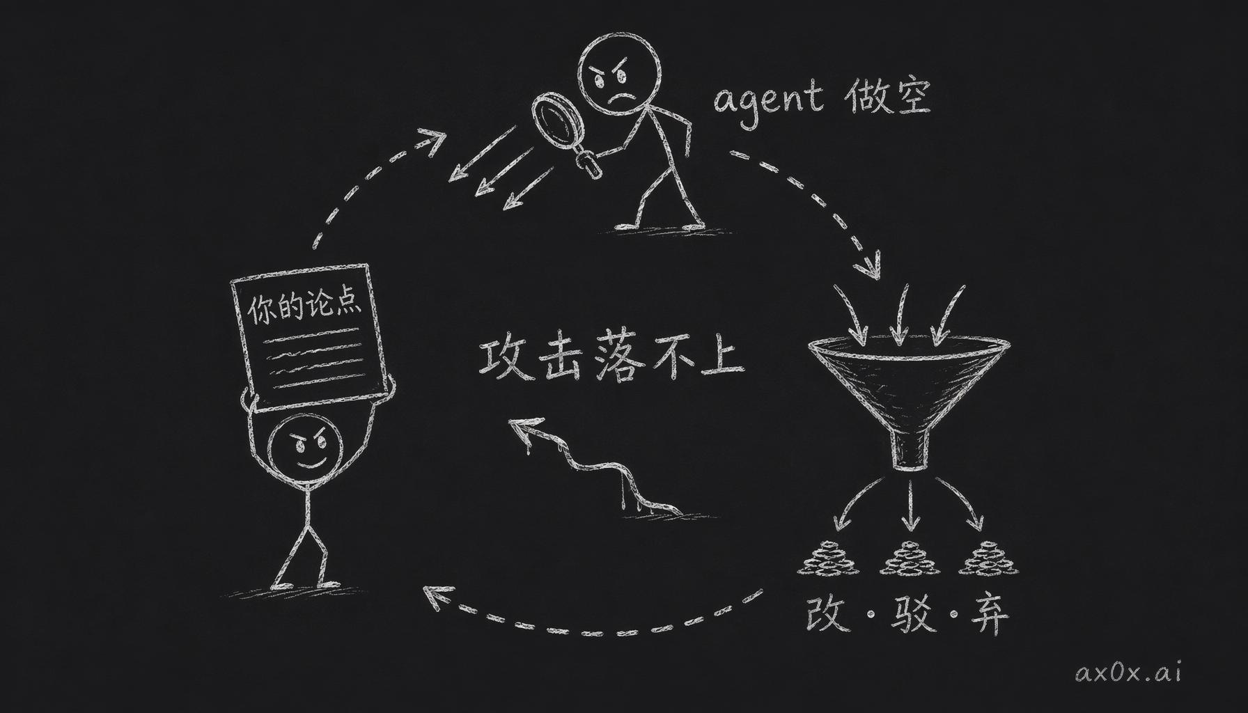 让 agent 扮做空方反复攻击论点，逐条改驳弃再迭代，直到攻击落不上为止的红队回路
