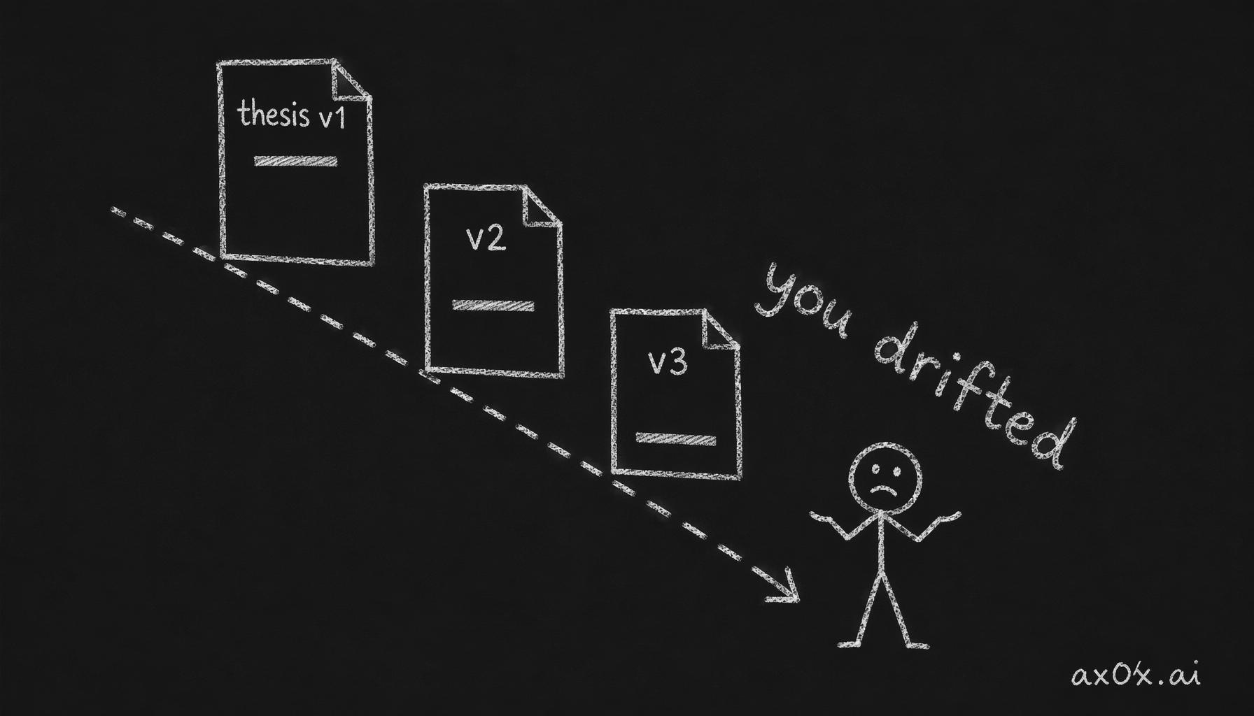 A run of reasonable patches quietly lowers the same goalpost version after version until the thesis is unrecognizable — you drifted