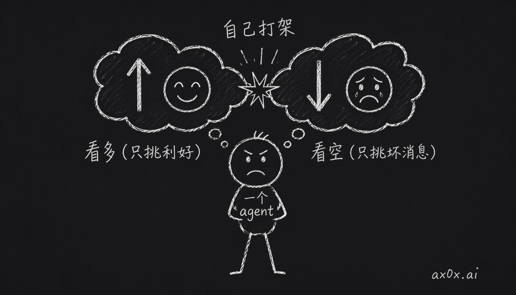 一个 agent 同时被要求看多又看空，两套相反的判断在它脑子里相撞，输出自然自相矛盾。