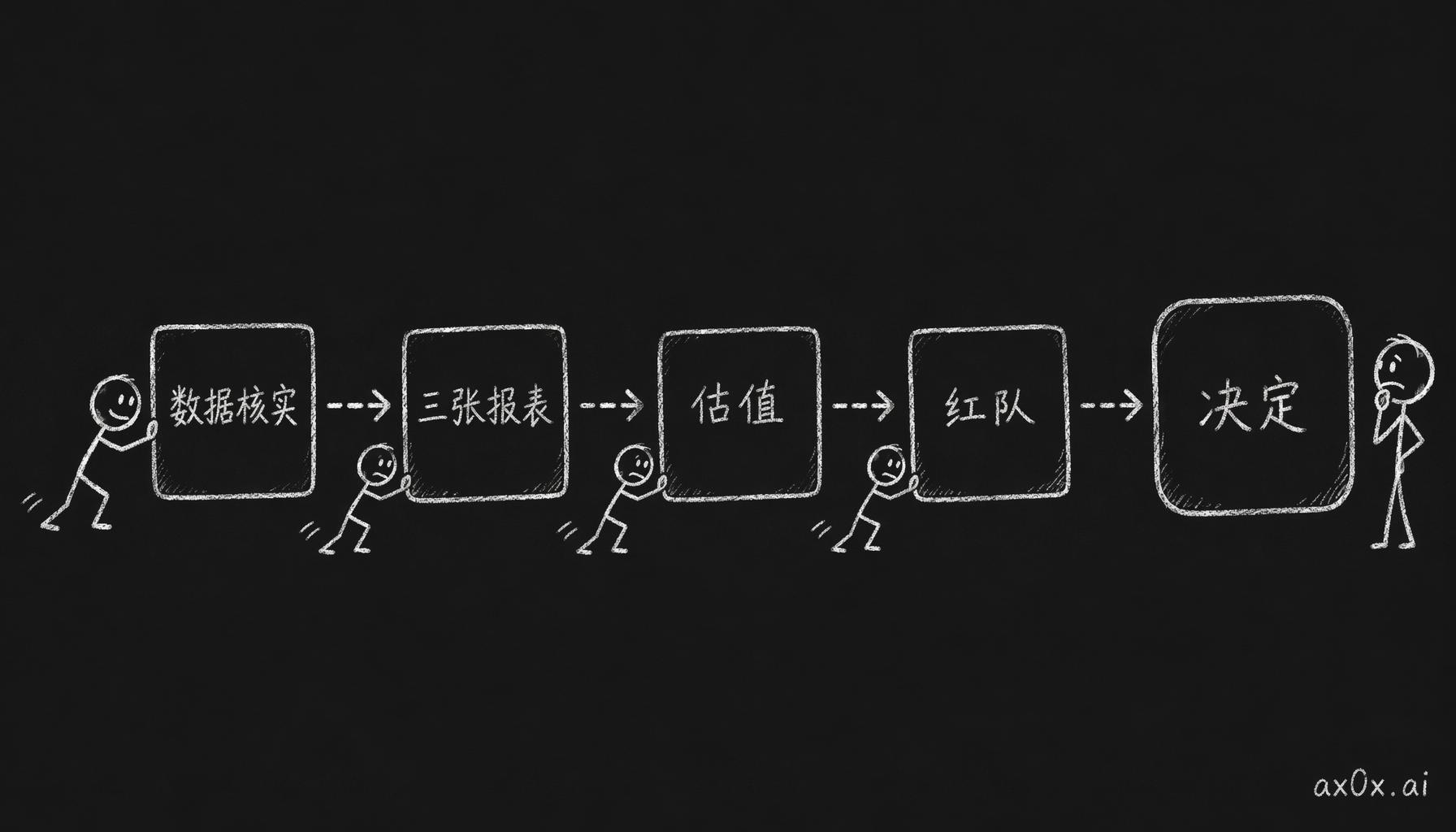 把七个阶段串成一条端到端流水线，每一阶段的产出喂给下一阶段，最后汇成一个买或不买的决定。