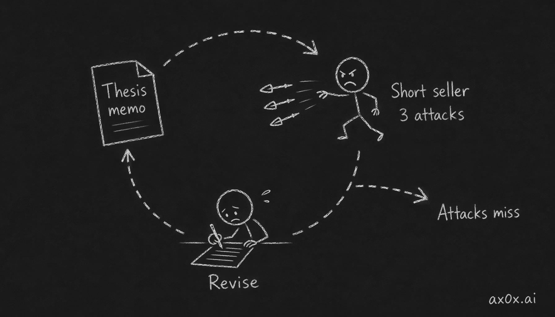 Hand the thesis to a short-seller, absorb attacks and revise each round, looping until the attacks miss.
