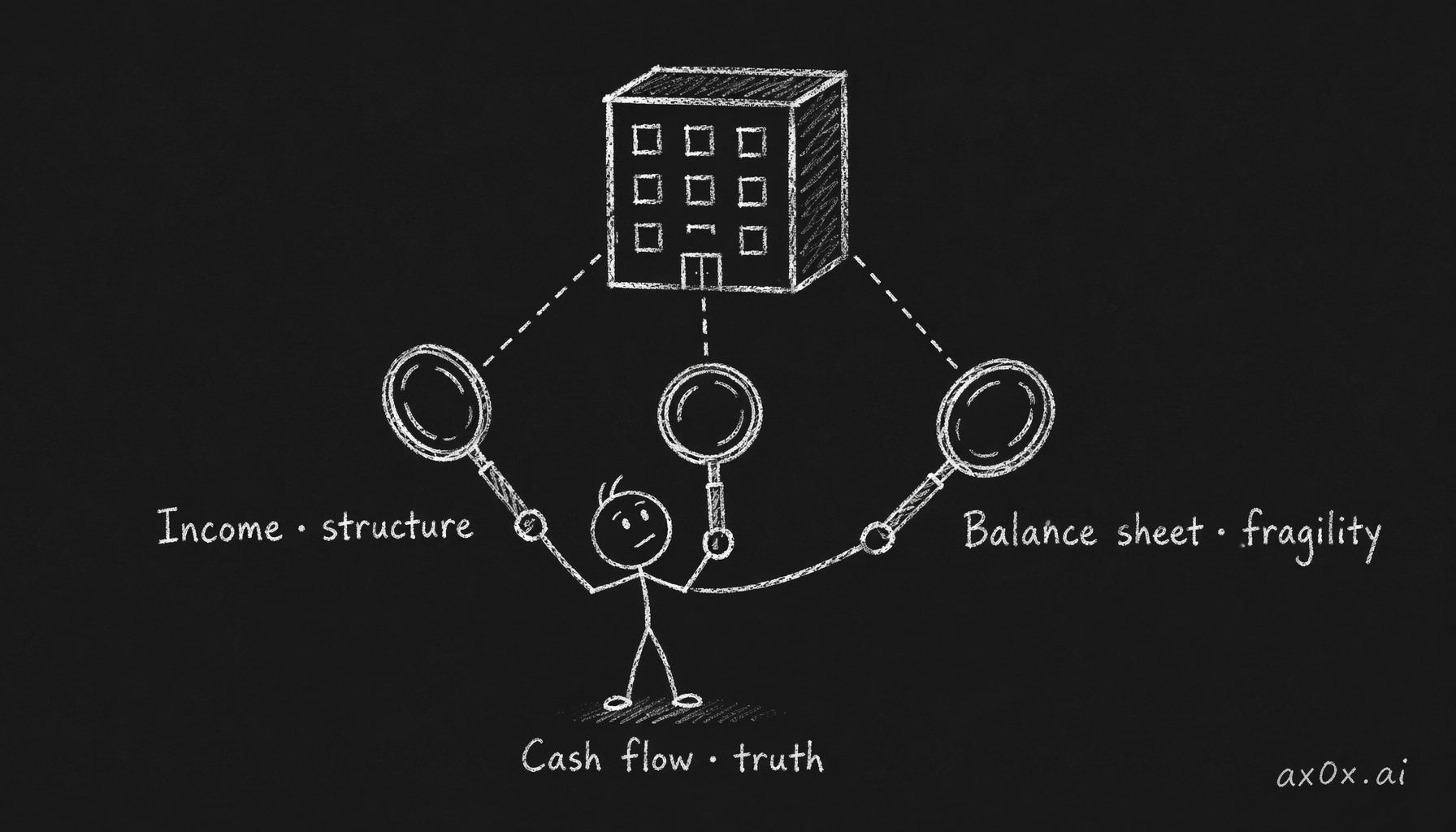Three lenses on the same company — income statement as business structure, balance sheet as fragility, cash flow as truth.