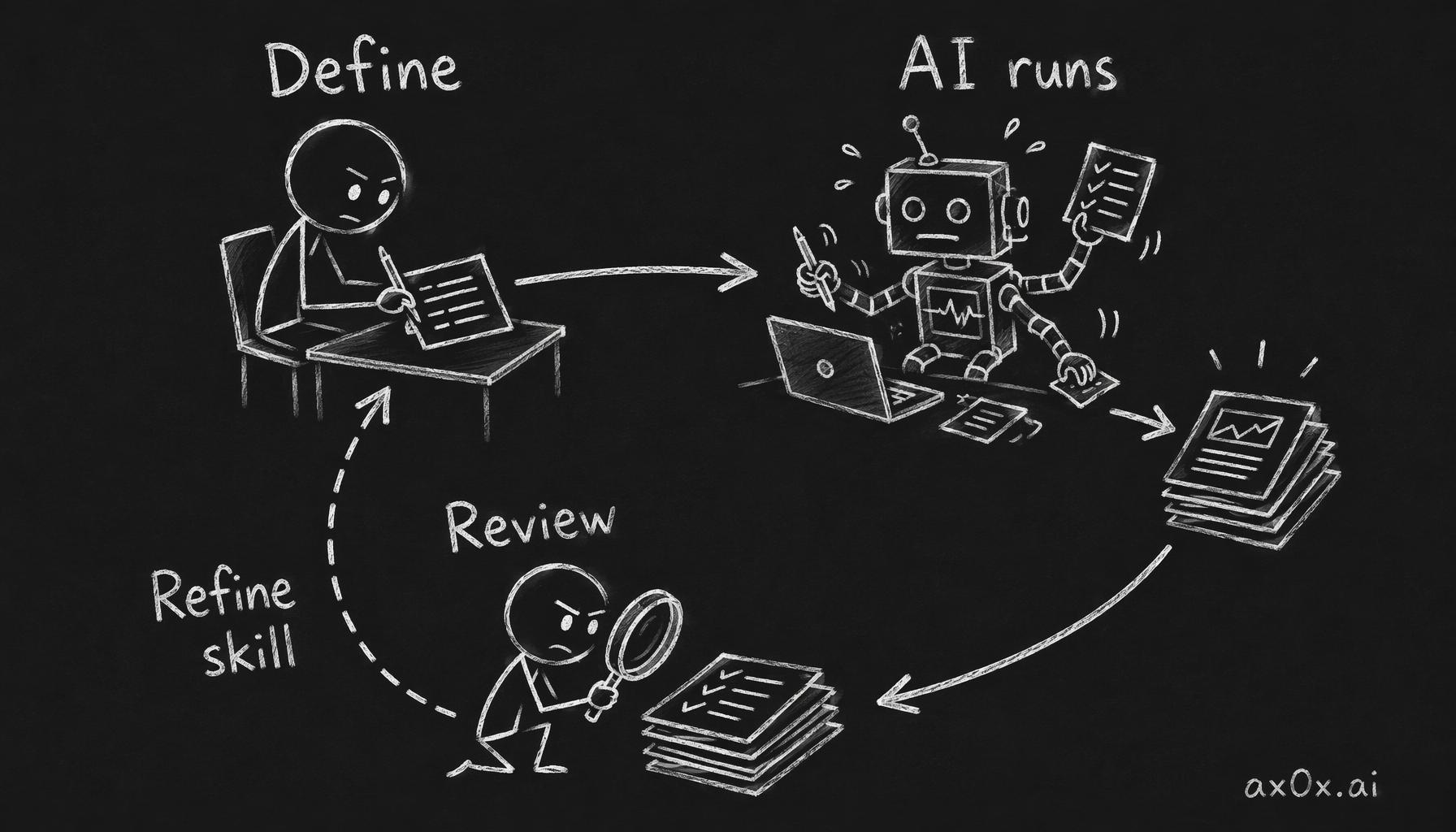 How writing skills changes the collaboration loop: I define the pipeline, the AI runs it unattended, I review the output, then loop back to refine the skill.