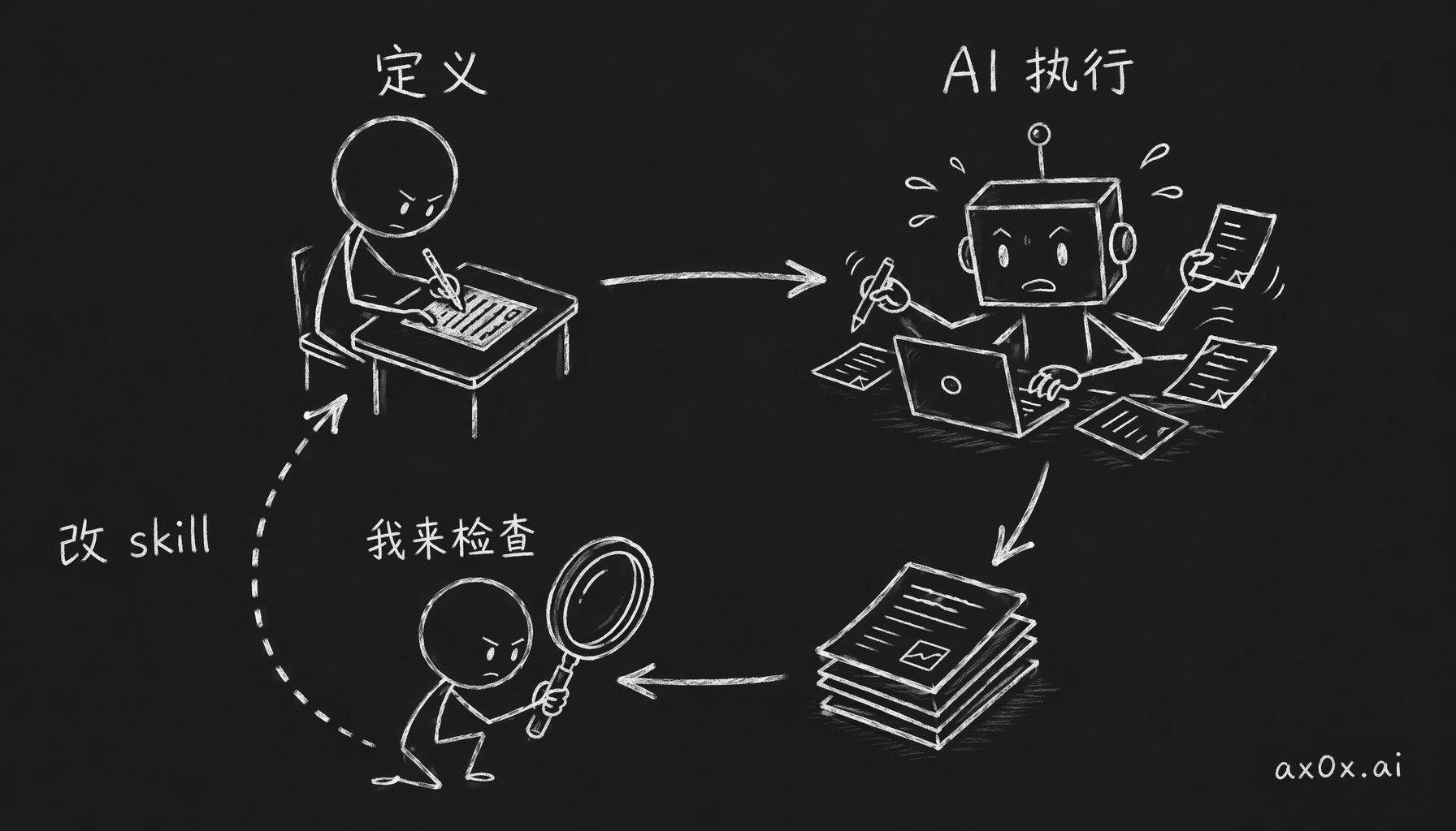 写 skill 后协作方式的转变：我从自己动手，变成定义好怎么干、让 AI 执行、干完我来检查，翻车了就回去改 skill 的循环。