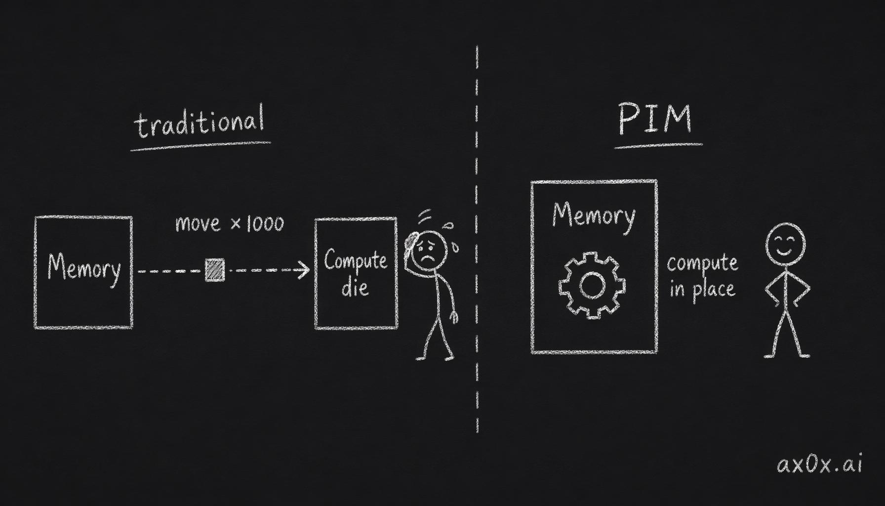 Processing-in-memory puts arithmetic units inside the memory itself, so the bytes never make the expensive trip across the bus that costs ~1000x the compute.