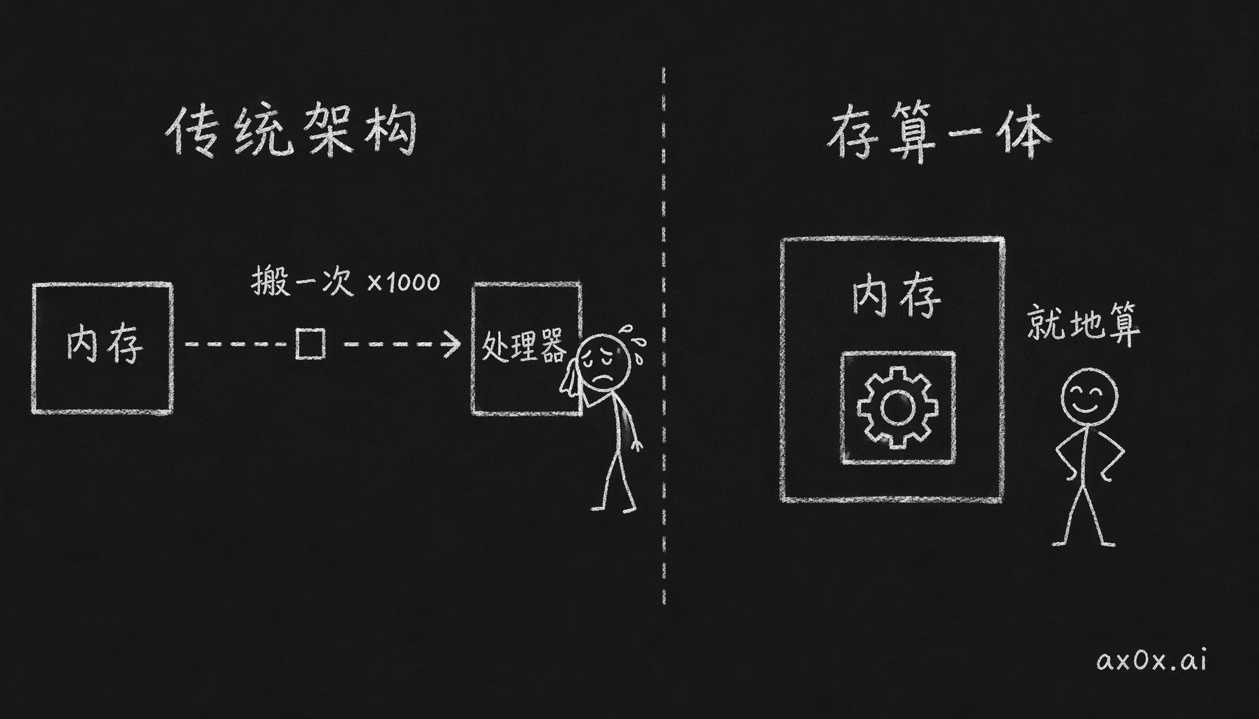 存算一体：不把数据搬到处理器，而是把计算单元嵌进内存里就地算，省掉那份比计算本身贵 1000 倍的搬运能量。