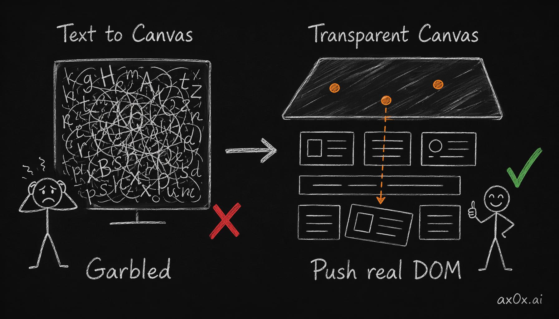Extracting text to a canvas breaks on complex layouts; the fix is a transparent canvas that only draws bullets and pushes the real DOM via CSS transforms