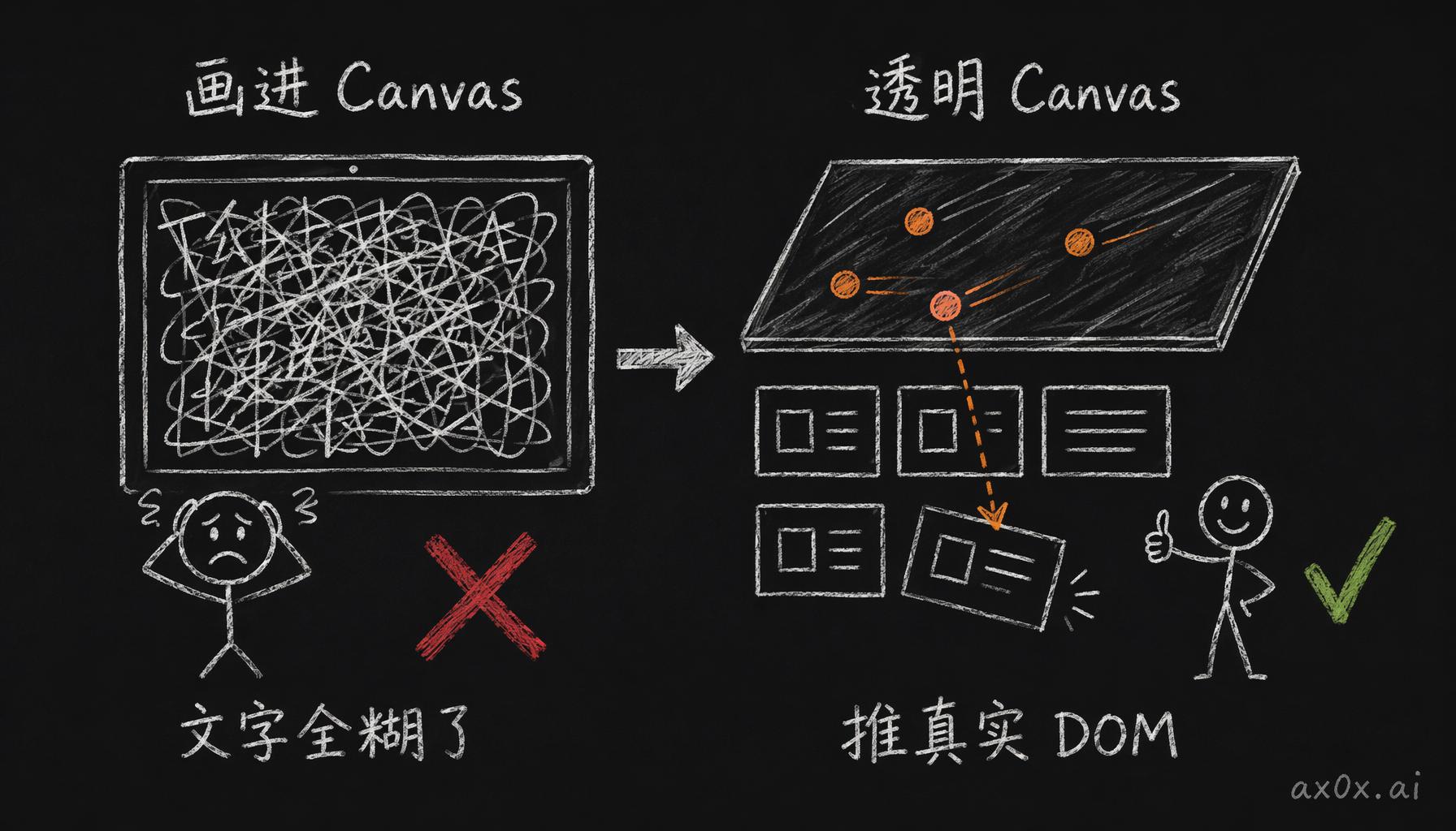 把文字提取到 Canvas 在复杂布局上翻车，改成透明 Canvas 只画子弹、用 CSS transform 去推真实 DOM 才成立