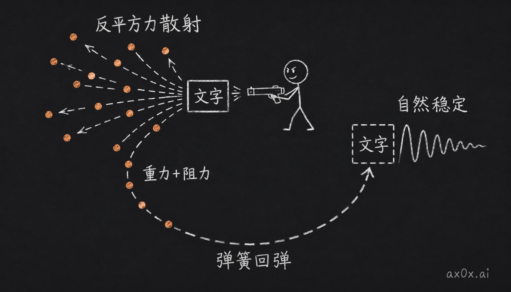 字符特效的物理回路：反平方力把字符炸开散射、受重力和空气阻力下落，再由弹簧力拉回原位振荡到稳定