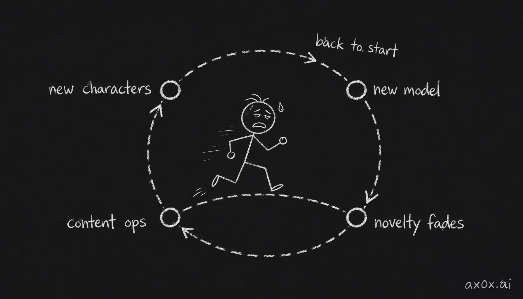 The AI companion industry is stuck in one loop: new models spark novelty, novelty fades, content ops extend it, then new characters send it back to the start