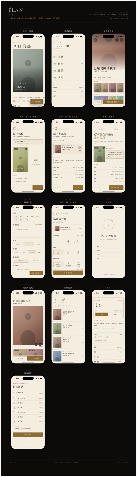 ÉLAN 最终实现——Film Stock 方向的生产屏，Cormorant 衬线、黑底暖红、"冲洗 / contact sheet / 灵感卡"流程
