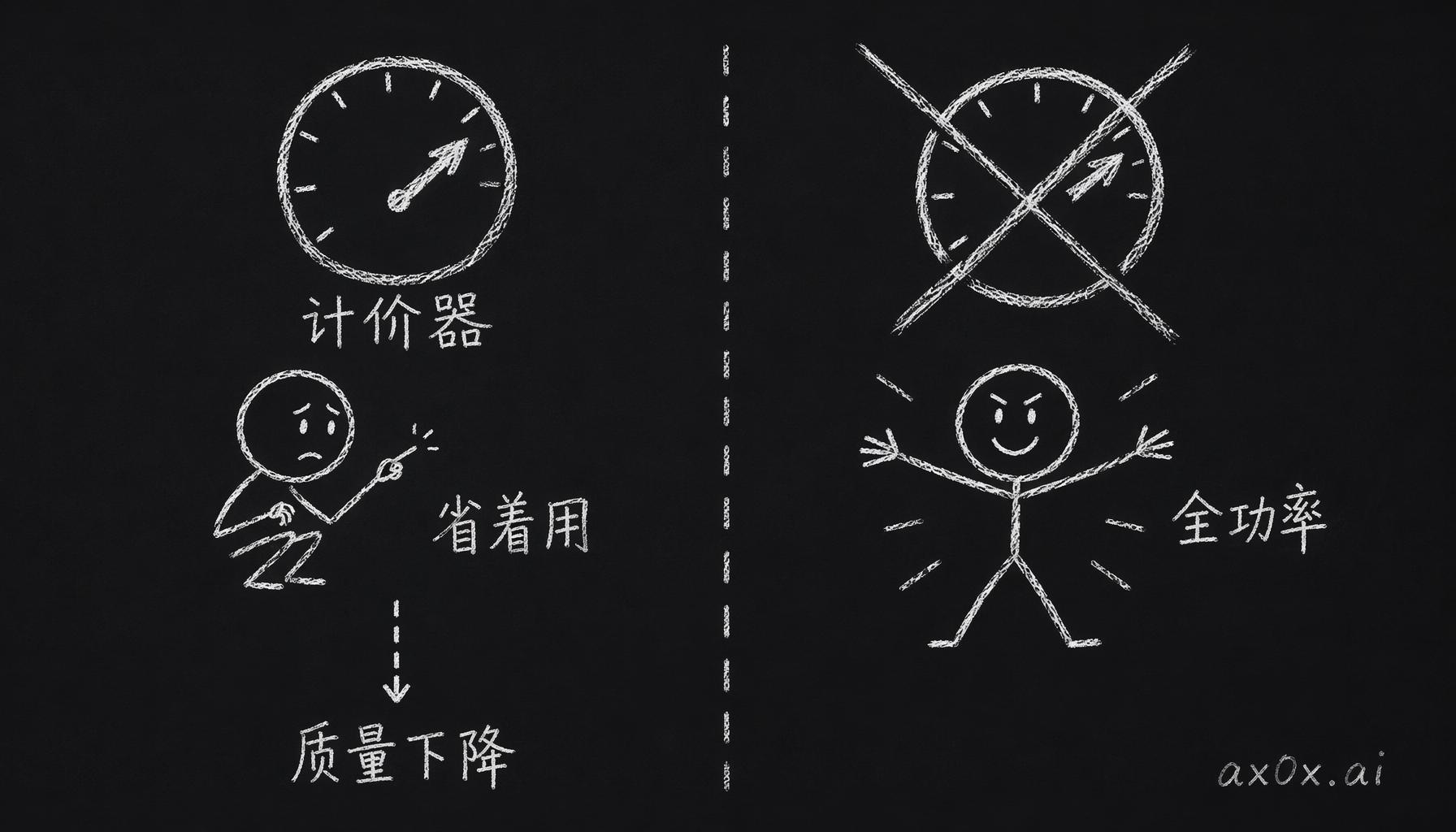 按量计费时脑中的计价器逼你省着用、压低产出质量；Max 关掉计价器，AI 全功率跑。
