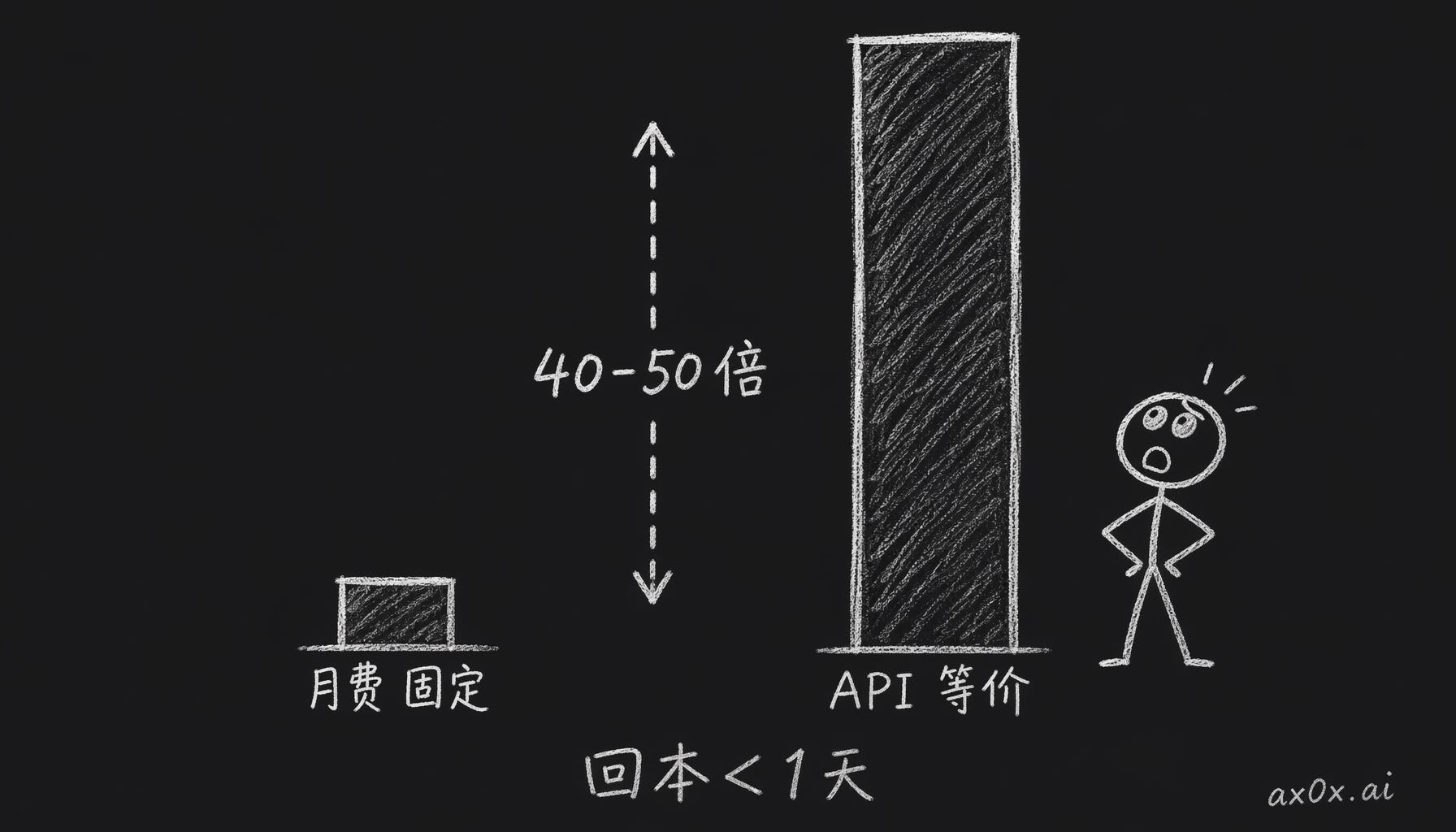 把固定月费和按 API 计价的等价成本并排比，差 40-50 倍，第一天就回本。