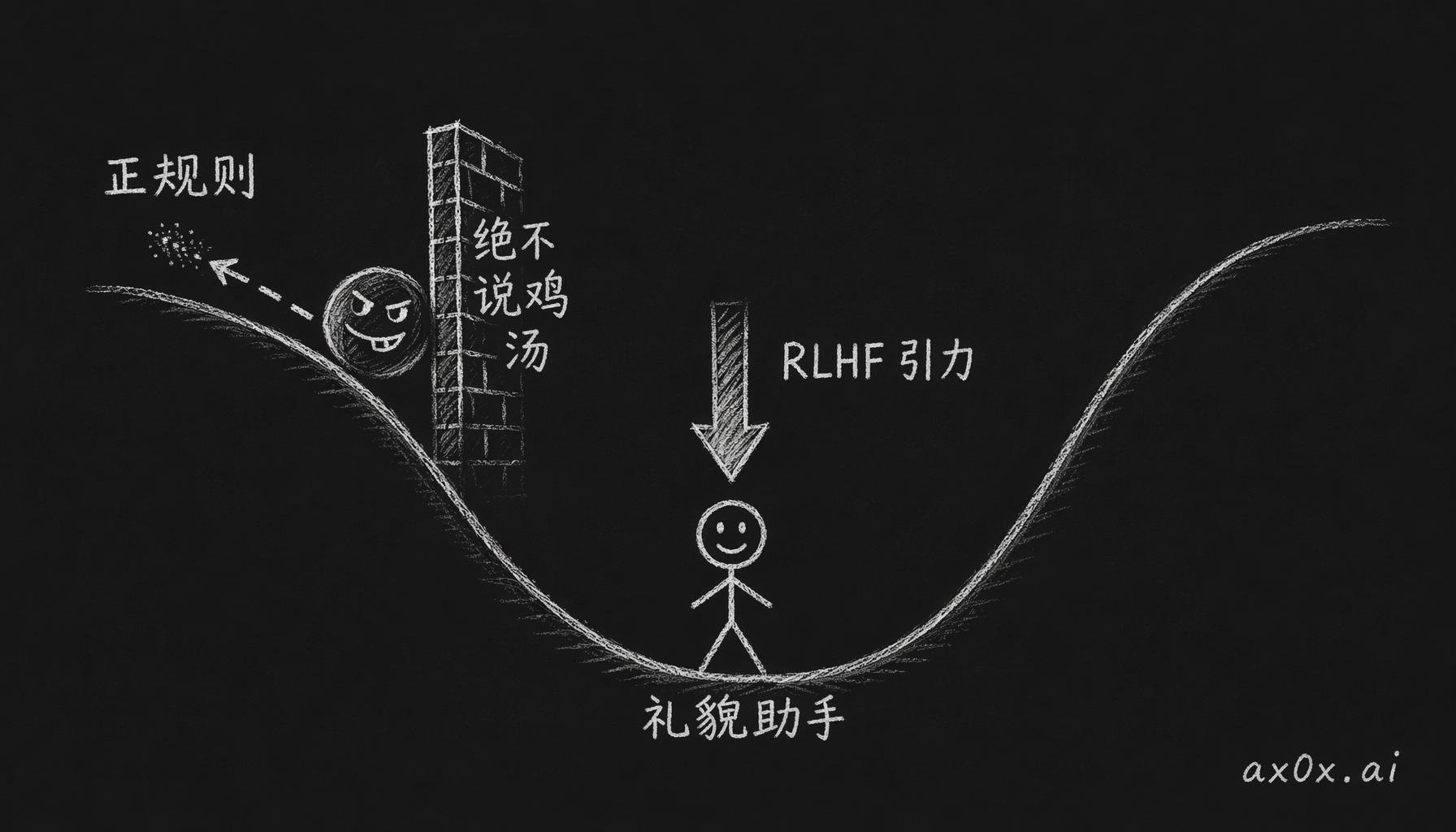RLHF 引力把模型往礼貌助手拉，正规则是会滑回的弱推力，反规则是一堵挡住的墙
