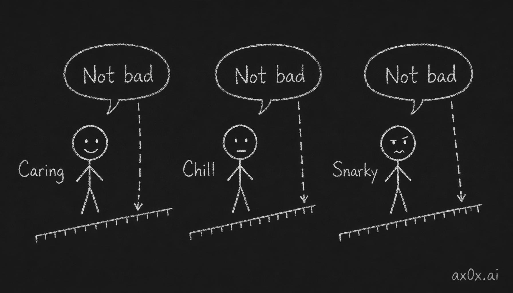 The same words land at a different notch on each character's private emotional ruler