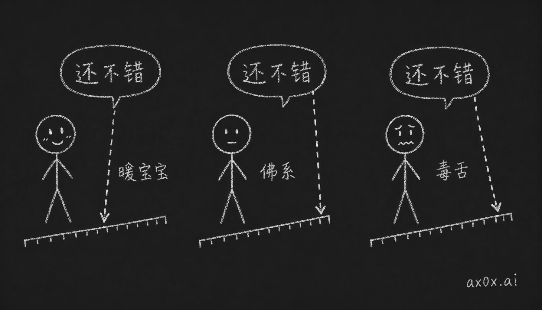 同一句「还不错」，在暖宝宝、佛系、毒舌各自的情绪刻度尺上落在不同的刻度