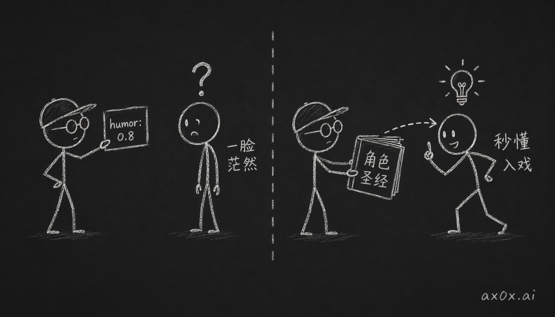 同样想让模型演一个角色：给数字它一脸茫然，给一份散文角色圣经它立刻入戏
