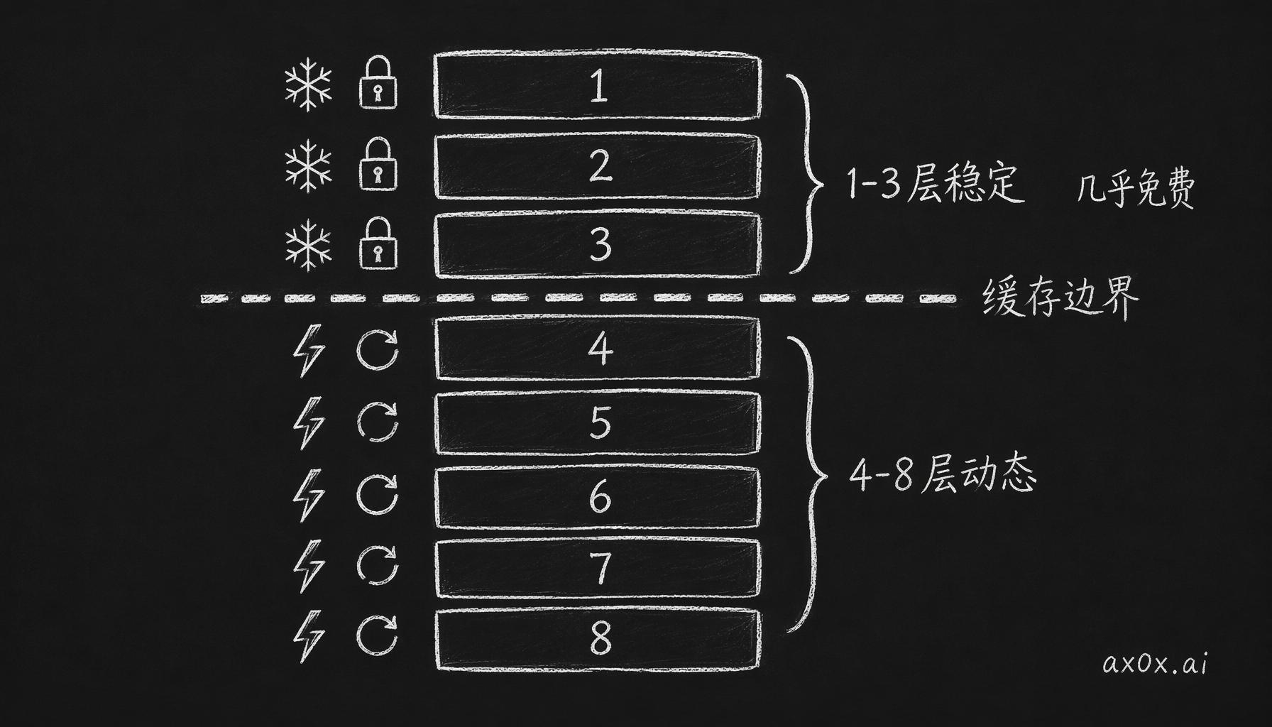 八层 prompt 里前三层稳定可缓存几乎免费，缓存边界之下的五层每次都要重算——边界位置直接决定成本。