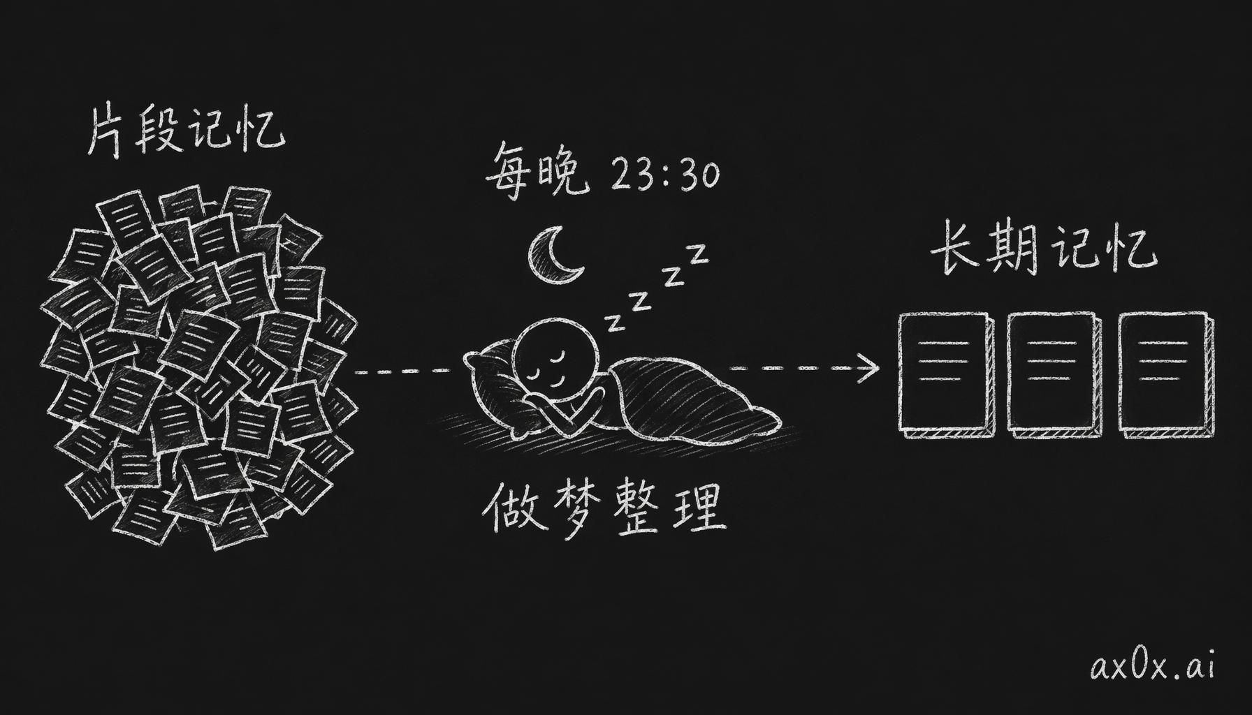 每晚 23:30 像睡眠一样把当天一大堆零碎片段压成几条更抽象的长期记忆。