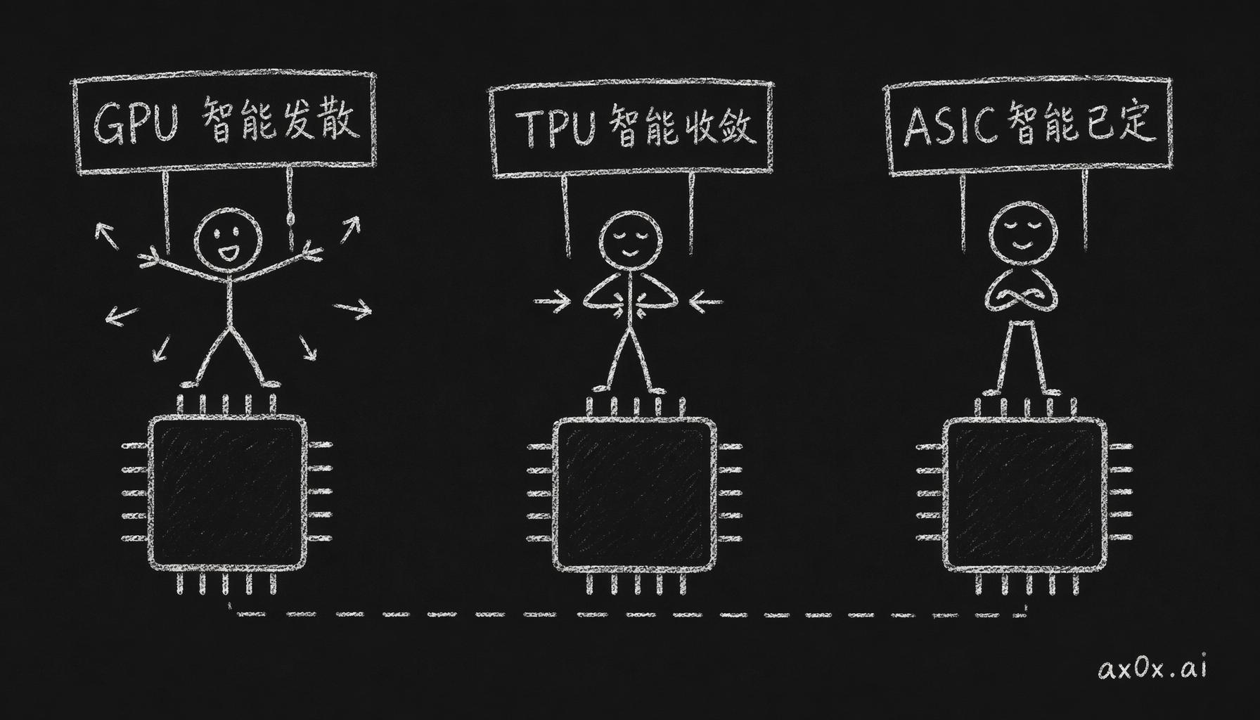 GPU、TPU、ASIC 三条芯片路线各押注一种对「智能是什么」的判断：智能还在发散、智能在收敛、智能已经定型