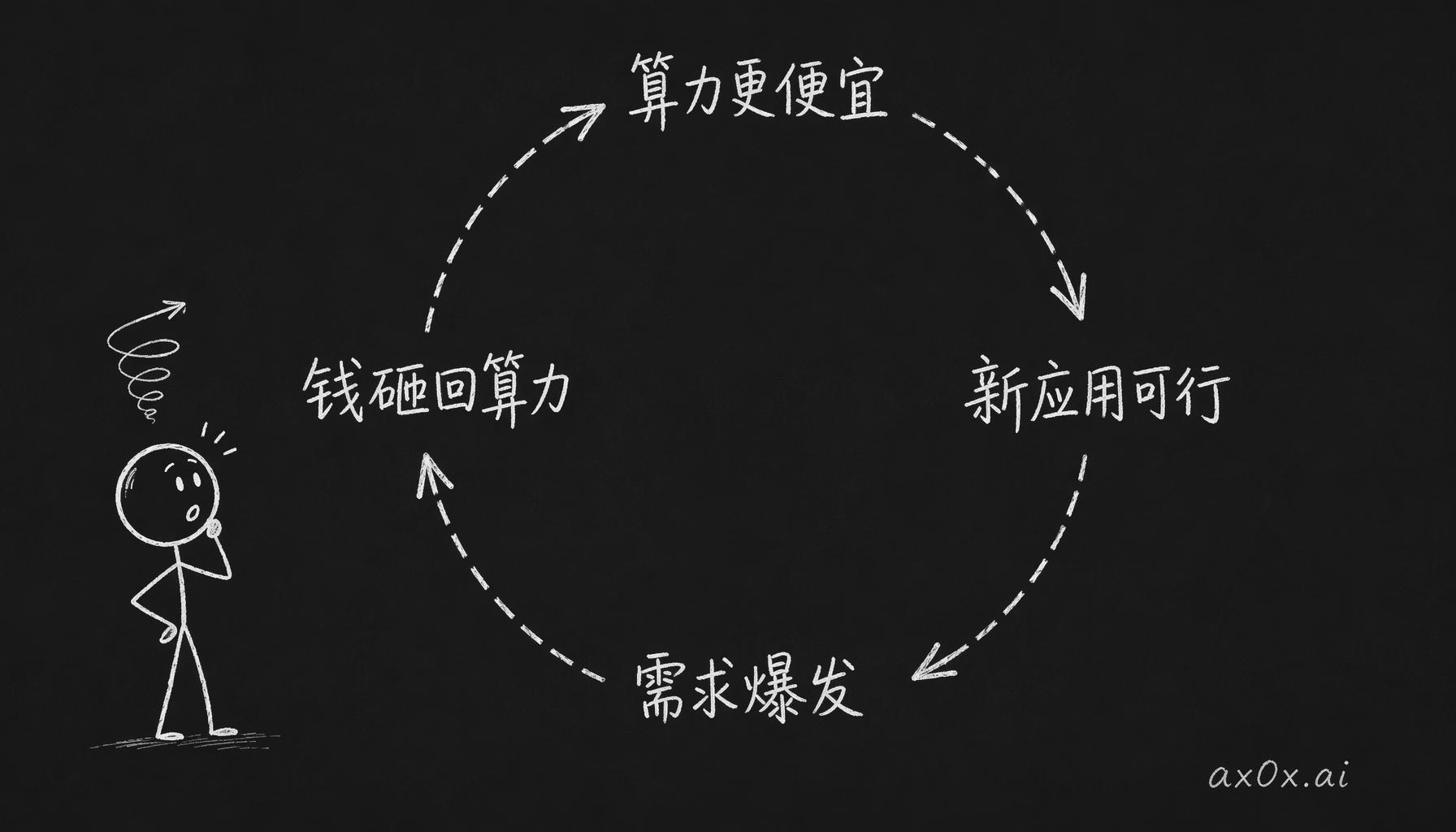 算力成本下降驱动的正反馈飞轮：更便宜的算力让新应用可行、需求爆发、更多钱砸回算力，循环往复自我加速